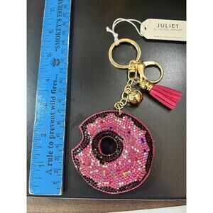 Bling Crystal Rhinestone Sprinkled Donut Keychain Keyring Bag Charm Tassel Pink